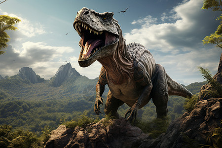 在岩石丘陵上行走的恐龙高清图片