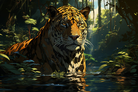 丛林中在水中的老虎高清图片