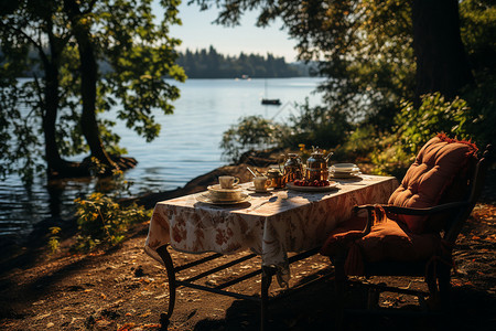 湖边的餐桌和椅子图片