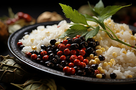 一碟黑豆和玉米的米饭图片