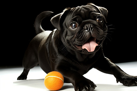 游戏宠物黑色狗狗和网球在玩耍背景