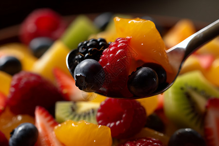 装满水果勺子多汁多彩的果蔬拼盘背景