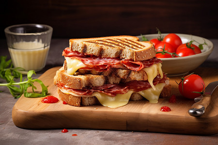 美味的肉饼奶酪三明治和番茄牛奶图片