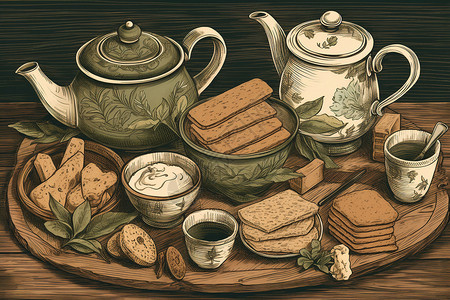 奶酪茶一副茶具茶和饼干的手绘画插画