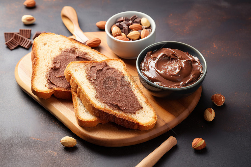 木质切菜板上的巧克力面包图片