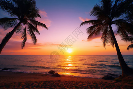 夕阳下的海滩椰树图片