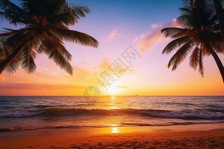 日落海滩中的棕榈树图片