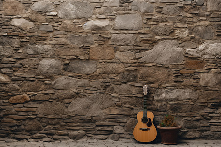 艺术建筑物石墙边的吉他与背景