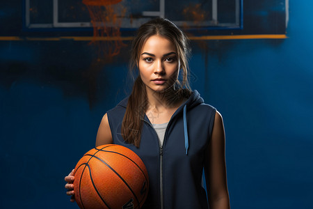 运动女孩持篮球站在篮球架前图片