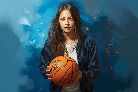 女士健康美丽的女运动员手持篮球插画