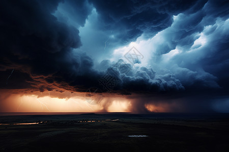 暴雨前电闪雷鸣的天空背景图片