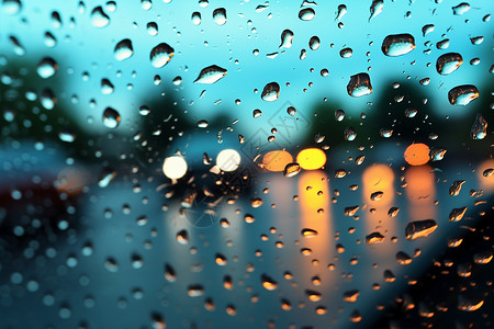 透明模糊雨后车窗上的雨滴背景