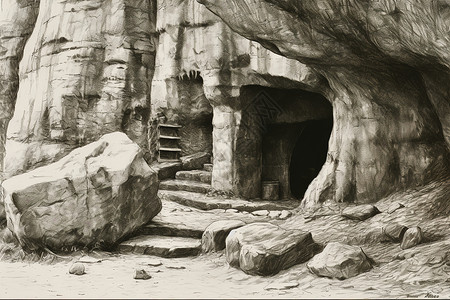远古洞穴岩石素描高清图片