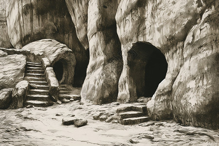 磨制石器山间洞穴插画