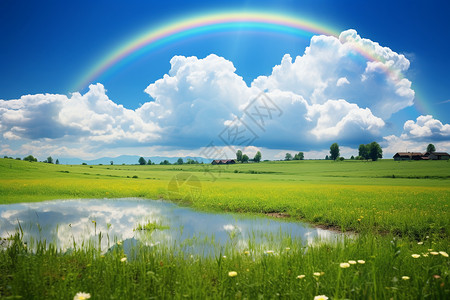 彩虹白云田野上空的彩虹背景