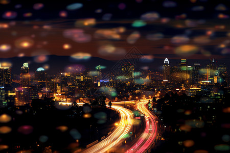 夜幕下城市的虹影图片