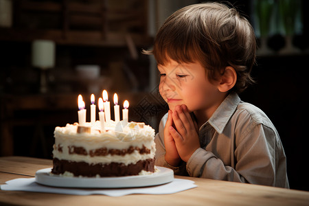 对着生日蛋糕许愿的男孩背景图片