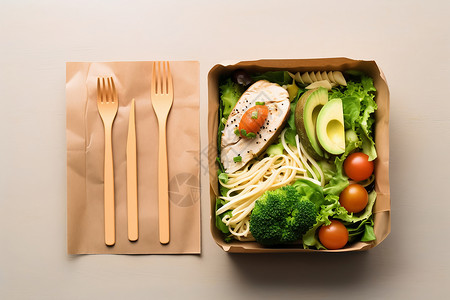 健康午餐盒中的美食与餐具高清图片