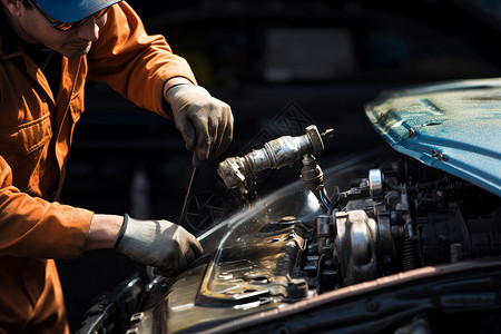 发动机清洗洗车修车工人修理汽车背景