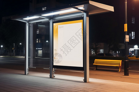 公交车广告夜晚照亮的公交站牌和长凳背景