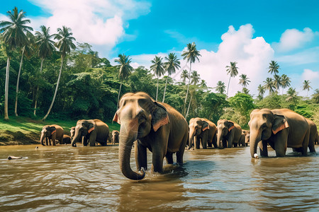 丛林大象阳光下大象群穿过一条河流背景