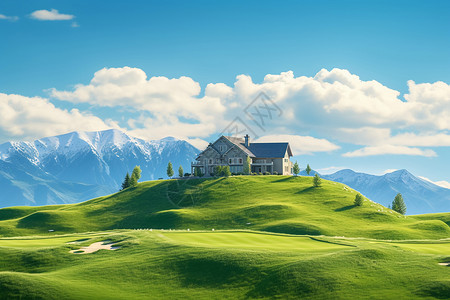 云朵与房屋丘陵绿野背景