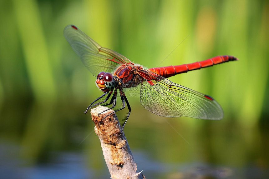 红色蜻蜓与水中树枝图片