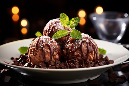 奶油巧克力雪糕淋有巧克力酱的雪糕球标签：巧克力,蛋糕,甜品,甜点,精致,雪糕球背景