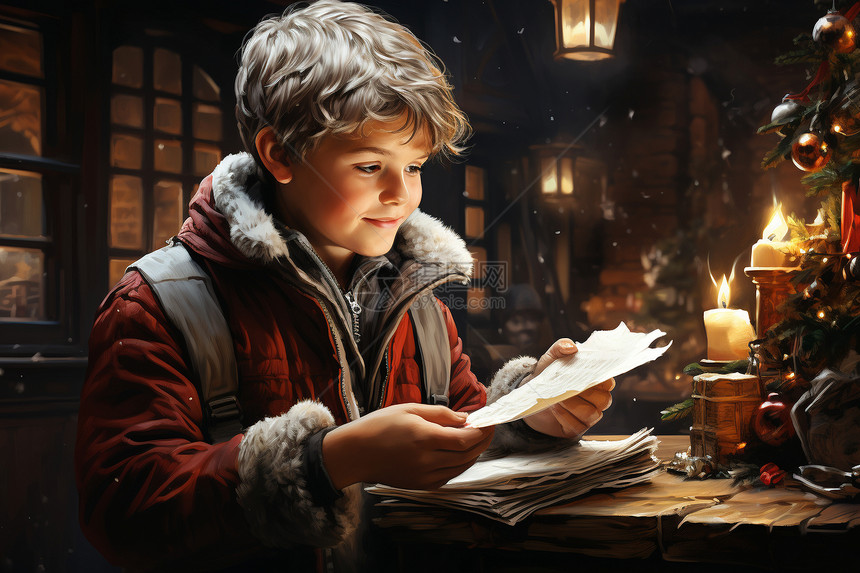 读书信的小男孩图片