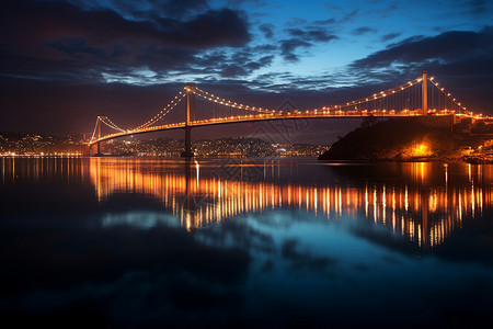 夜幕下城市中的跨海大桥建筑图片
