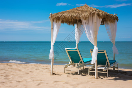 床椅沙滩茅草棚下的度假椅背景