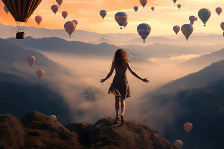 山巅仰望空中热气球的女子图片