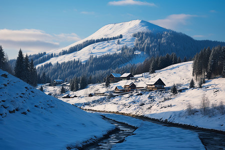 雪域景观雪域中的村庄背景