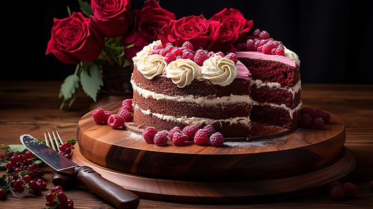 桌面上美味的红丝绒蛋糕图片