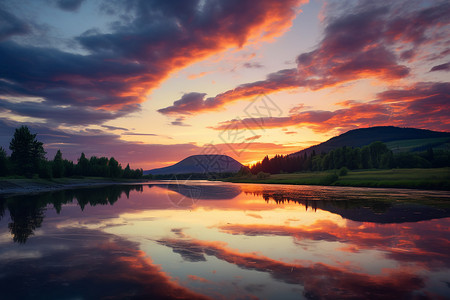 湖光山色的日出风景图片