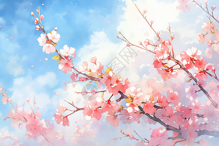 热带花园粉樱绽放的水彩画插画