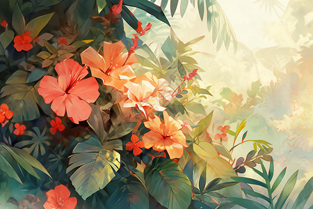 热带花园华丽异国花卉插画