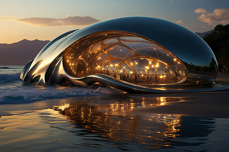 沙滩日出创意未来感沙滩金属弧形建筑设计图片