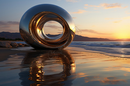 金属时钟声日出海岸上的球形金属装饰设计图片