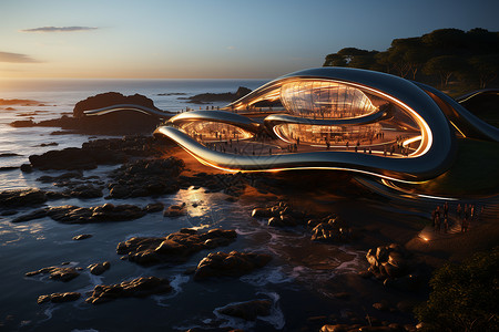 海边清凉边框夕阳下科幻的未来弧形建筑设计图片