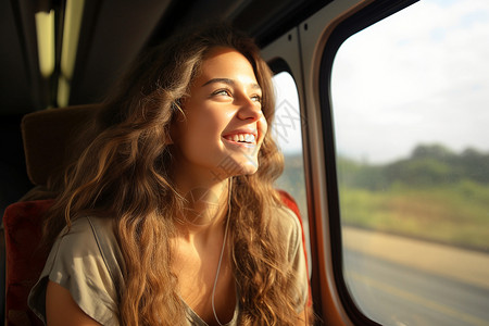 公交车车窗窗边笑容开朗的女子背景