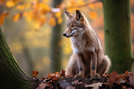 狐狸坐在树叶堆上图片
