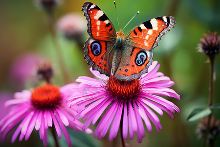 花朵上美丽的蝴蝶特写背景图片