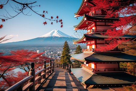 秋意浓浓富士山红叶神社背景