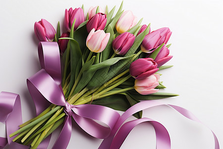 紫色温暖母亲节一束带着紫色丝带的郁金香背景