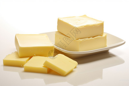 黄油方块在白色盘子上图片