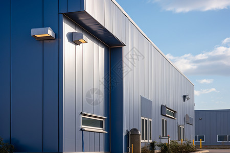 蓝天白云下的现代仓库背景图片