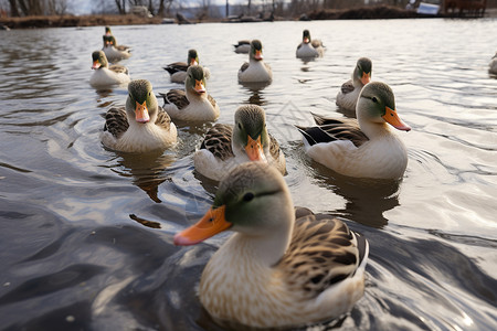 水上的美丽鸭群在湖上漂浮背景图片