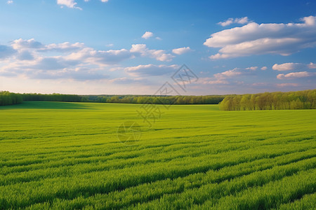 大田间的绿色草地蓝天白云图片