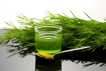 一杯绿色液体旁边有一盆植物高清图片
